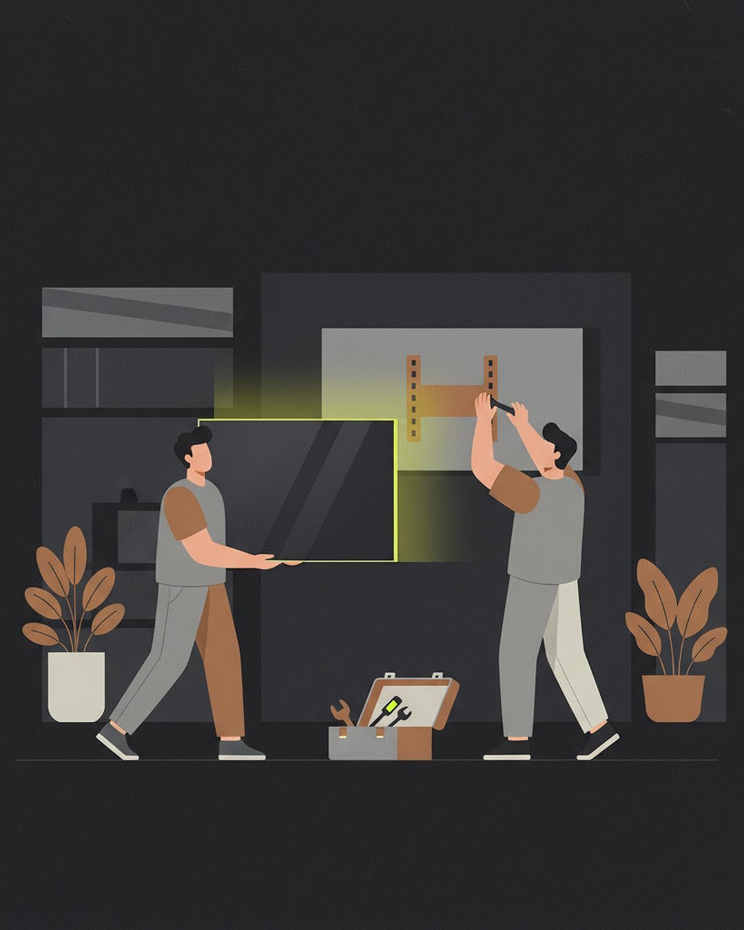 equipe instalando uma TV na parede de um estabelecimento